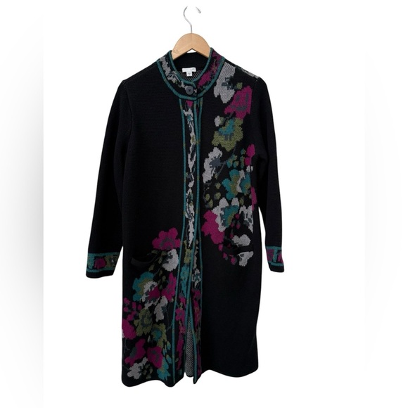 J. Jill Black Floral Jacquard Long Sweater Duster Coat Cardigan Medium - Picture 1 of 16